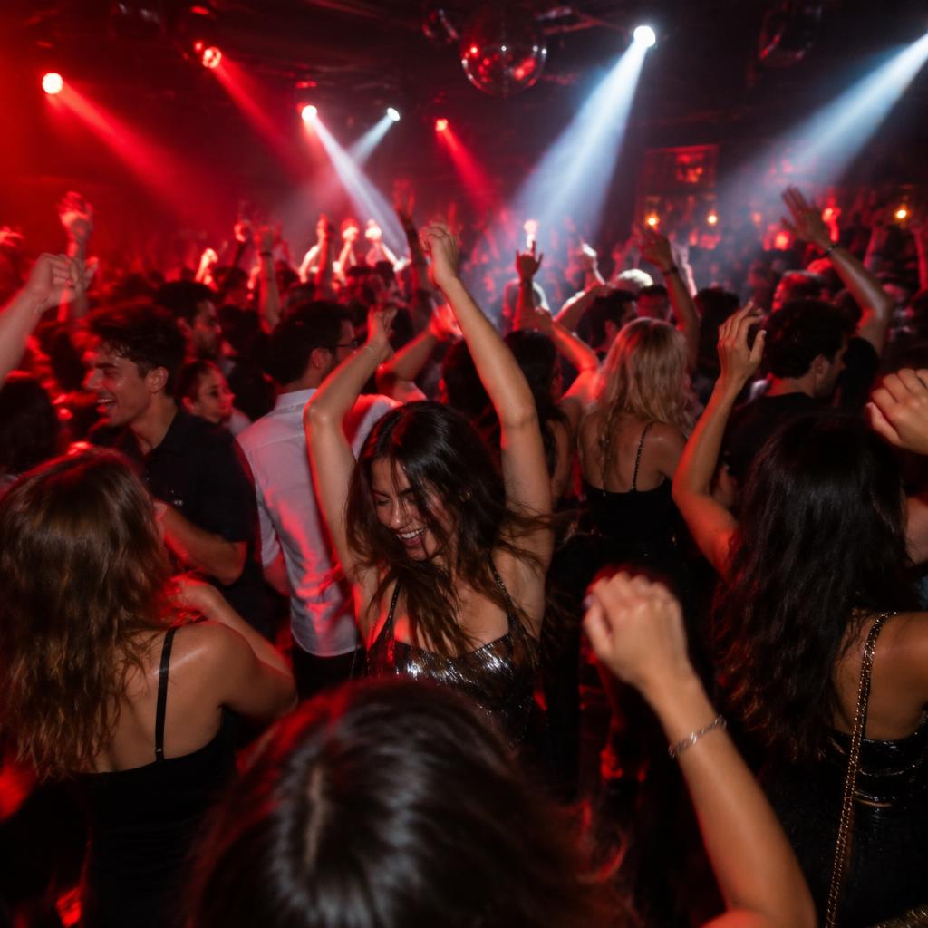 A packed dance floor under red lights on a Friday night