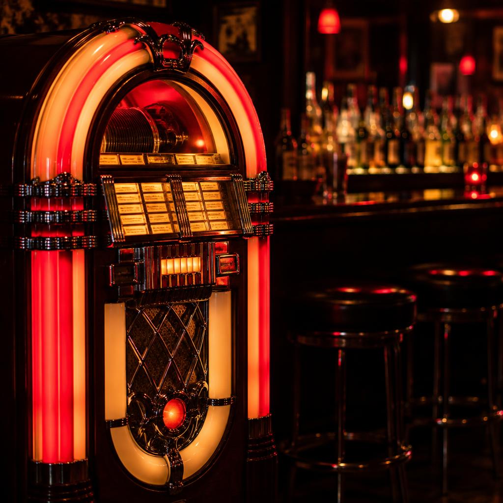 A glowing vintage jukebox lighting up the bar