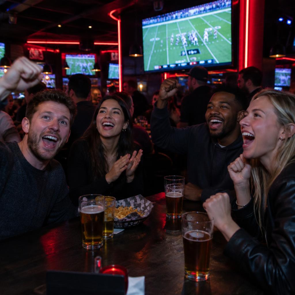 Friends cheering on the game with beers at the bar