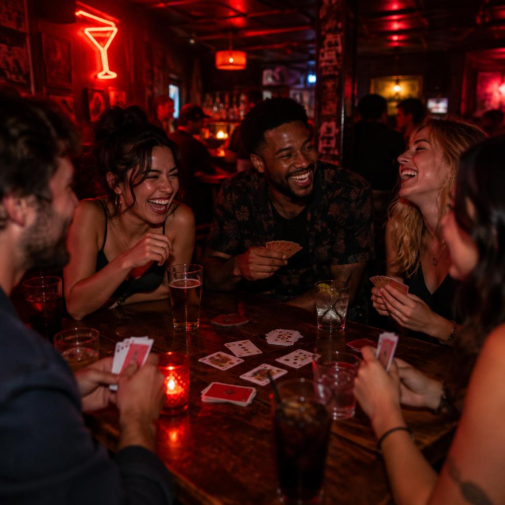 Friends laughing over a card game and drinks at the bar